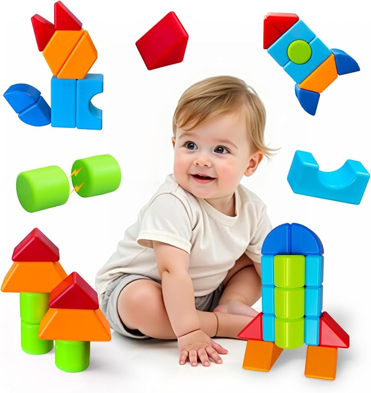 Magnetic Blocks for Kids Ages 1-3, Large Building Blocks | Geometric 3D Shapes, 12 PCS Stacking Blocks Set, Montessori Sensory Toys for Toddlers, Boys & Girls, Kids Travel Toys