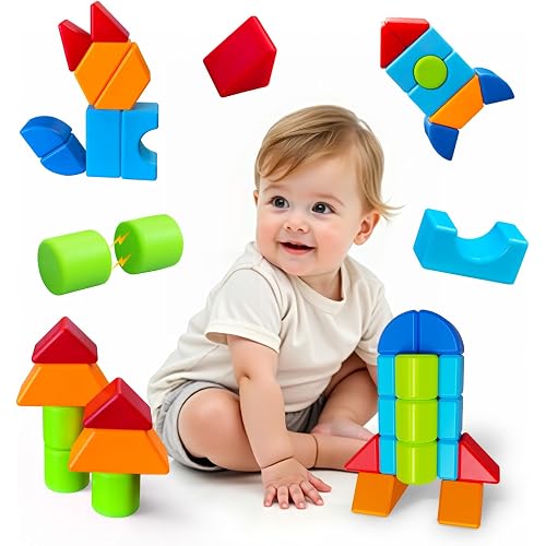 Magnetic Building Blocks, Large Magnetic Blocks for Kids Ages 1-3, 3D Geometric Shapes Stacking Blocks Set, Montessori Sensory Toys for Toddlers, Boys & Girls (12pcs)