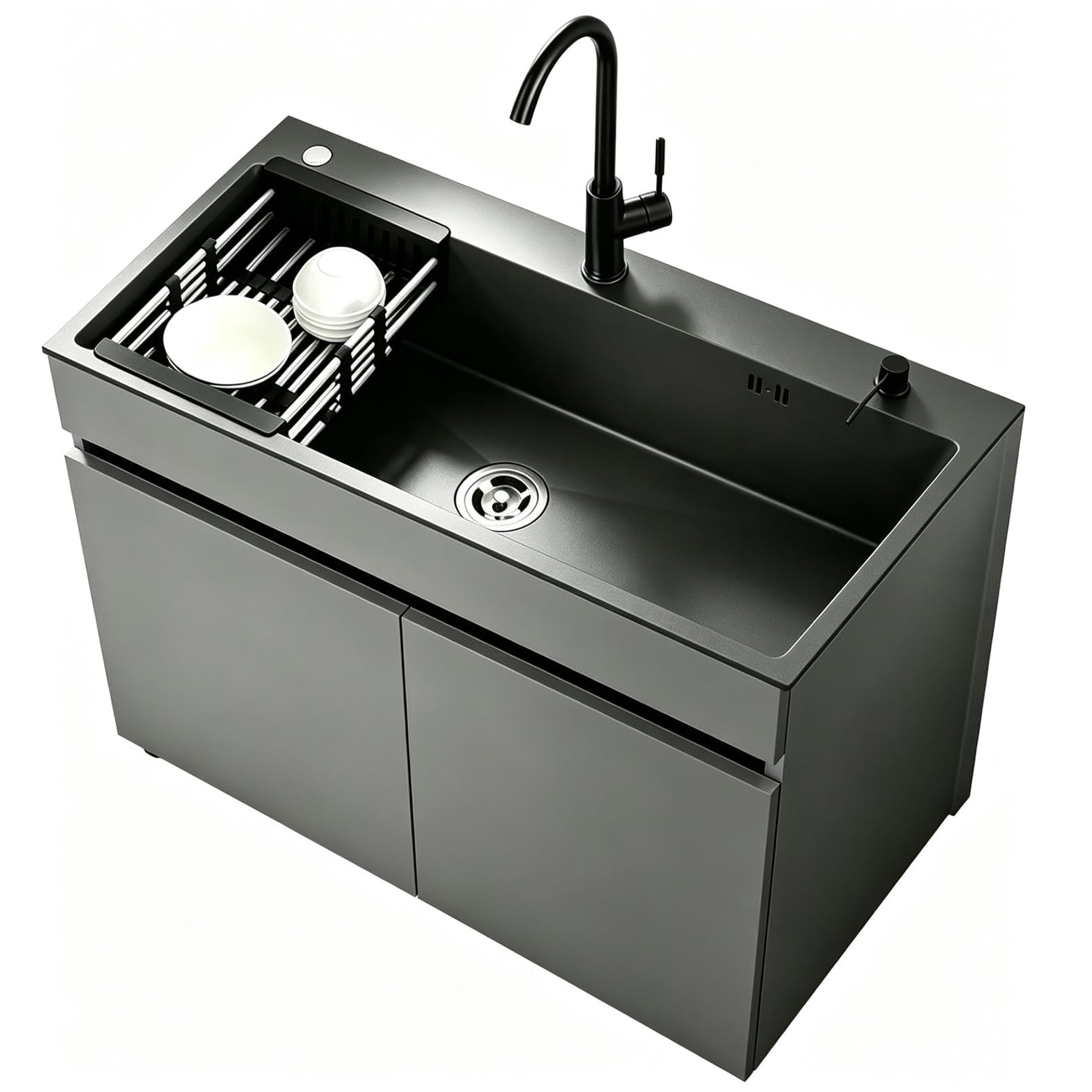 Mueble Fregadero un Seno para Exterior y Jardín Fregadero Freistehend de Acero Inox Negro Cepillado con Grifo de Agua Fría y Caliente, Estructura de Aluminio Alveolar para Garaje, Taller o Patio