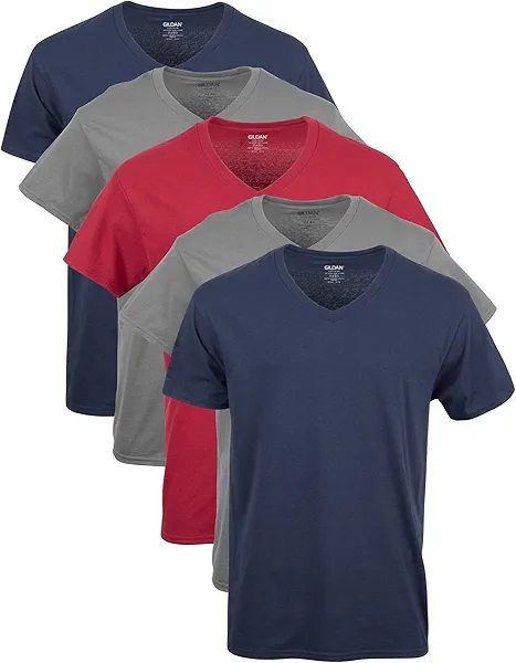 Gildan Men's V-Neck T-Shirts, Multipack, Style G1103, Navy/Charcoal/Cardinal Red (5-Pack), Large