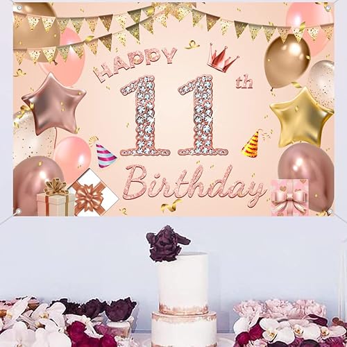 Miniatura 4 de Cartel de tela para decoración de cumpleaños número 11 para niñas de 11 años, cartel de tela para fiesta de cumpleaños de niña, fondo de foto rosa