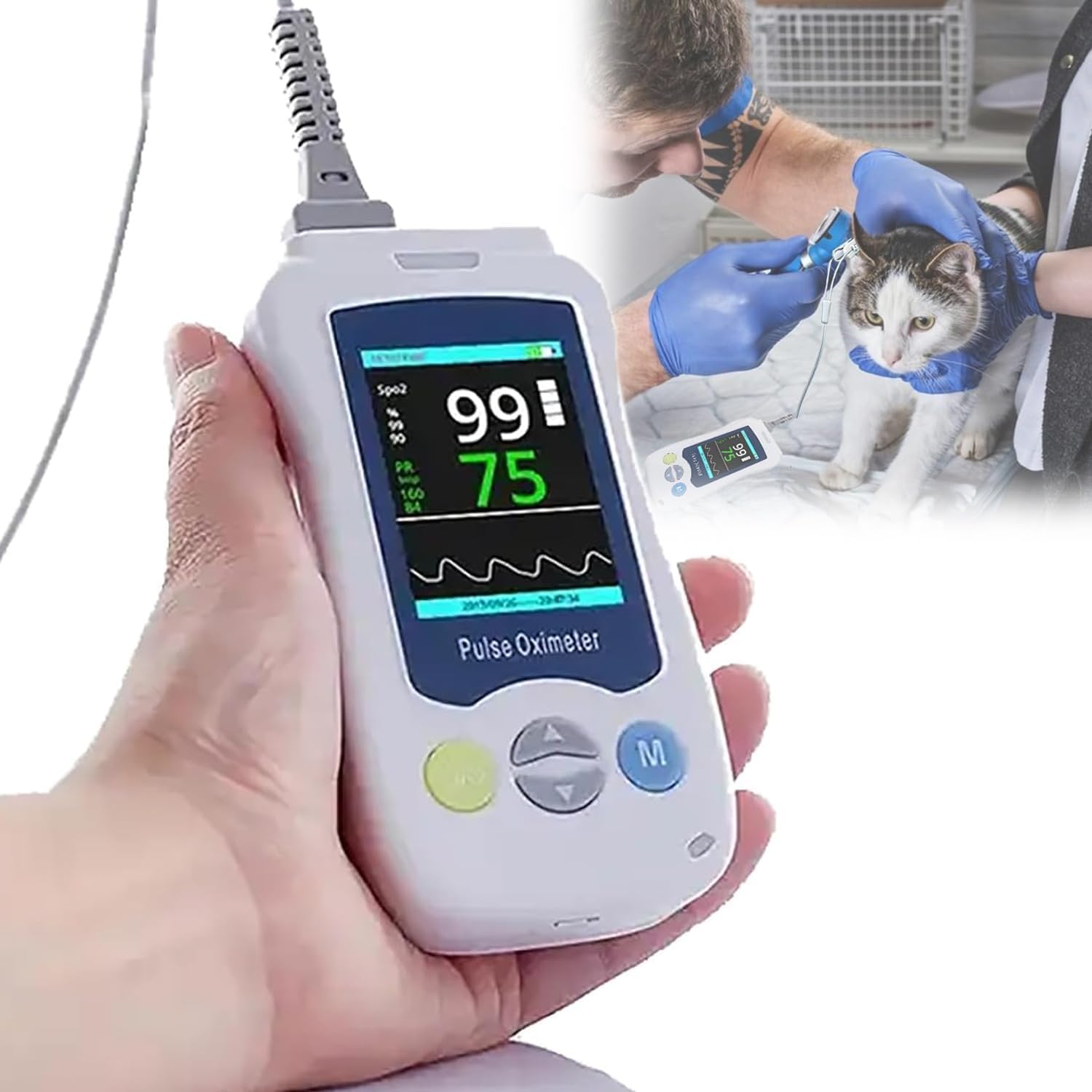 Pulsossimetro Veterinario, Pulsossimetro Veterinario Portatile con Schermo da 2,4 Pollici, per Il Monitoraggio di SpO2, Frequenza Cardiaca E Temperatura, Sonda Auricolare/linguale, per Gatti