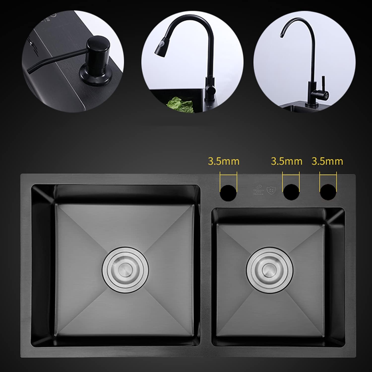 Black Stainless Steel Large Double Bowl Sink, Under-Mounted Workstation Farmhouse Sink(B 72 * 40 * 20cm) (B 75 * 41 * 20cm)