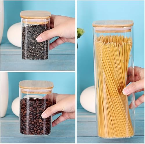 Miniatura 4 de LEAVES AND TREES Y Recipiente de almacenamiento de vidrio con tapa de madera, juego de 7 tarros cuadrados de vidrio con tapas de bambú, recipientes