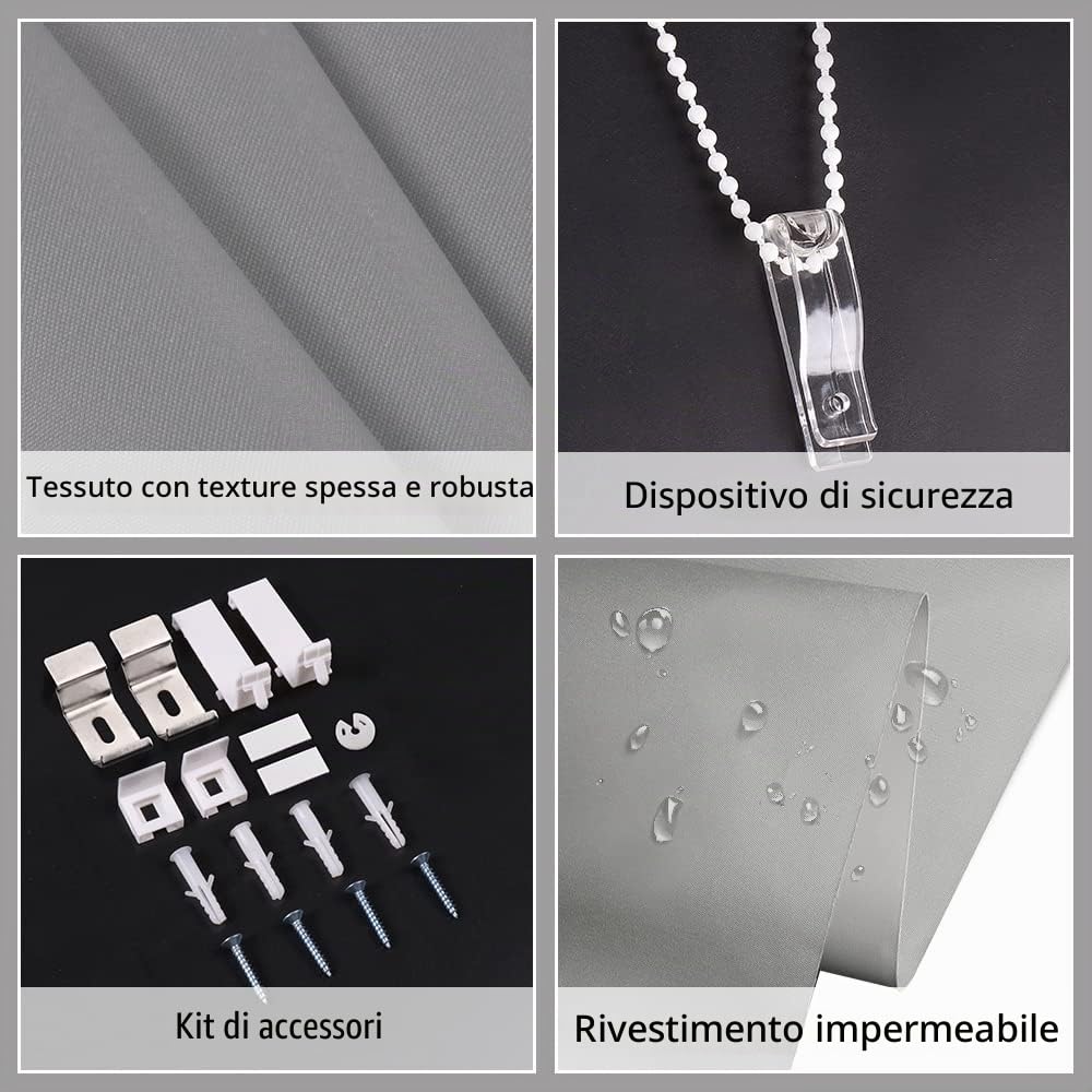 SMONTER Tenda avvolgibile in tessuto impermeabile al 100% oscurante, isolante termico, protezione UV, per camera da letto, facile da installare, 112 cm di larghezza x 200 cm di lunghezza (grigio)
