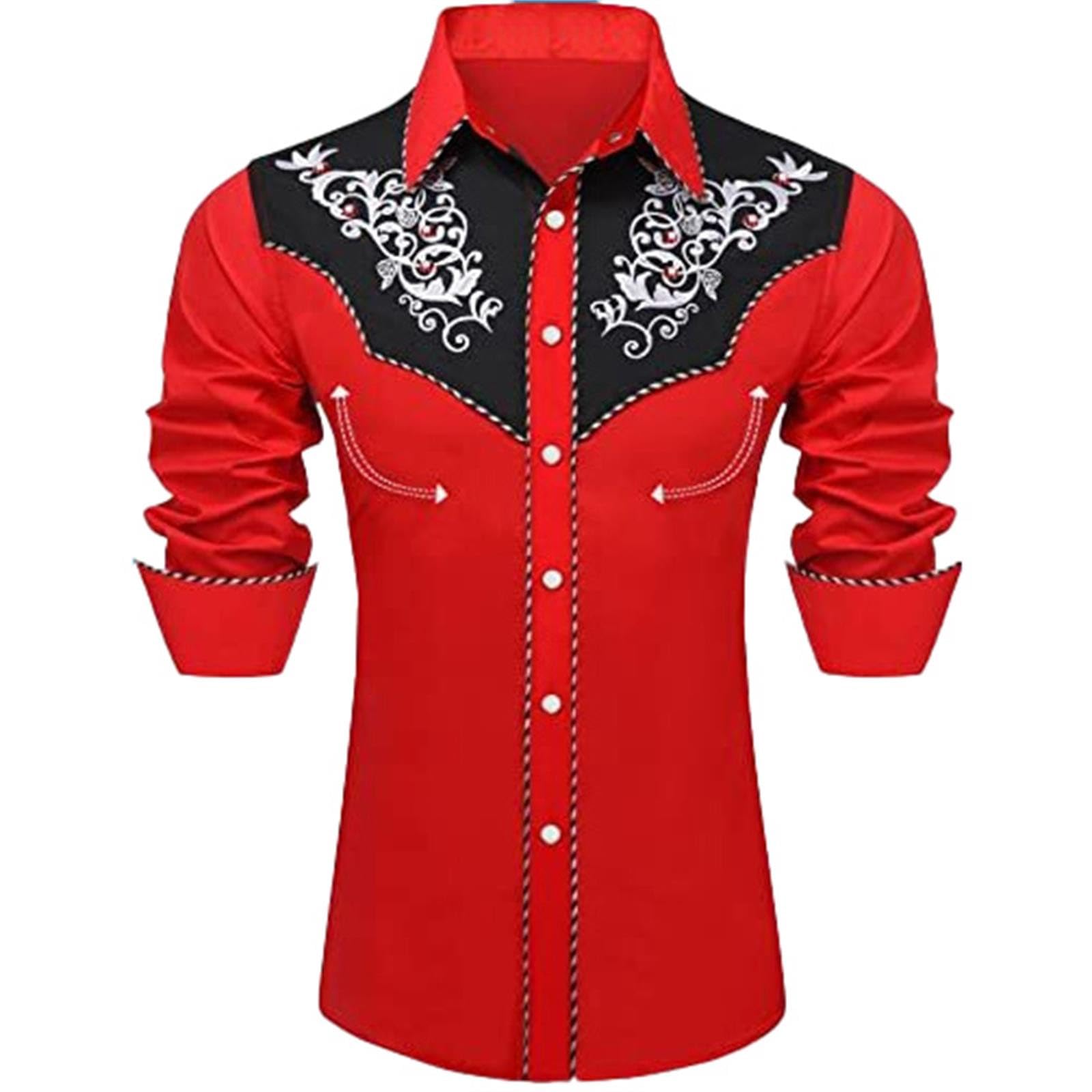 Mymyguoe Vintage Cowboy Shirt Men's Western Embroidered Print Western Shirt Retro Traditional Casual Shirt Western Cowboy Shirt Cowboy Costume Long Sleeve Button Party Shirts Hippie Shirt, red, XL — image 1