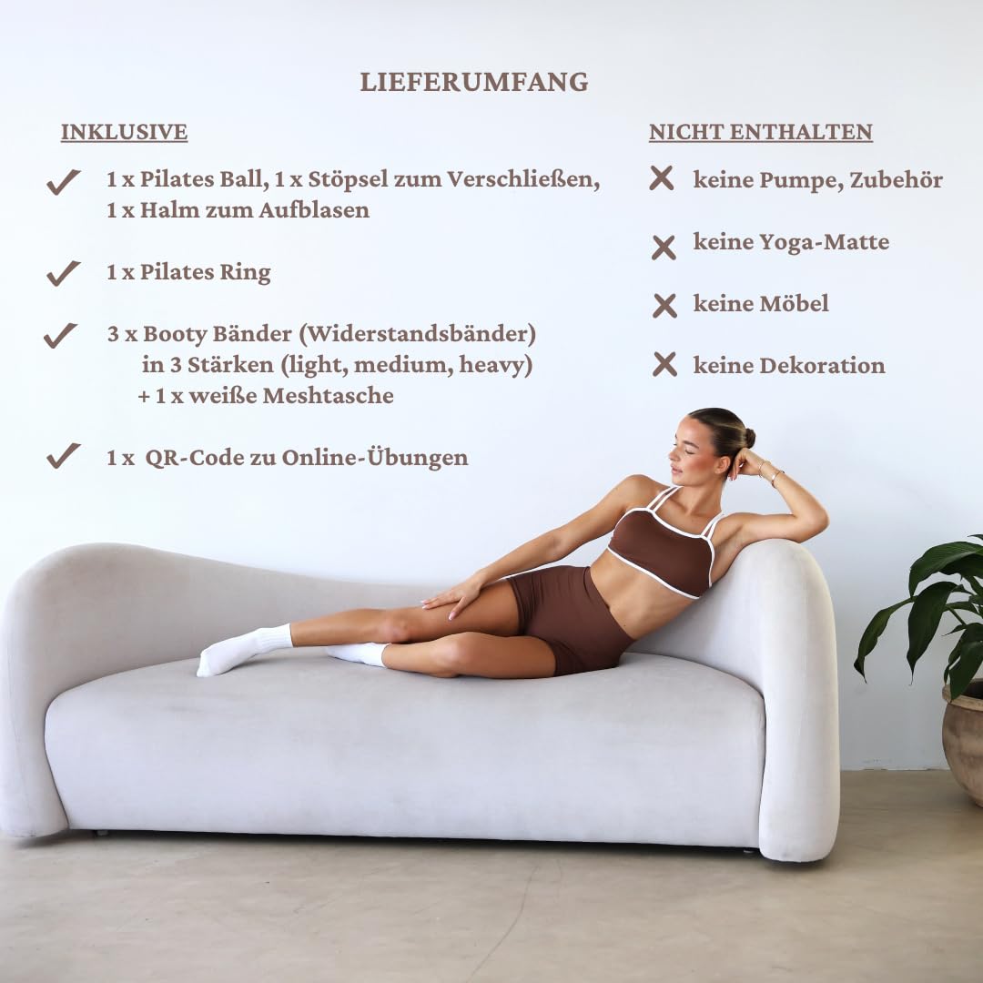 Premium Pilates Set 3-teilig: Ring, Ball & Booty Bänder – Nude/Braun – Home Studio Workout Zubehör mit QR Code Online Übungen