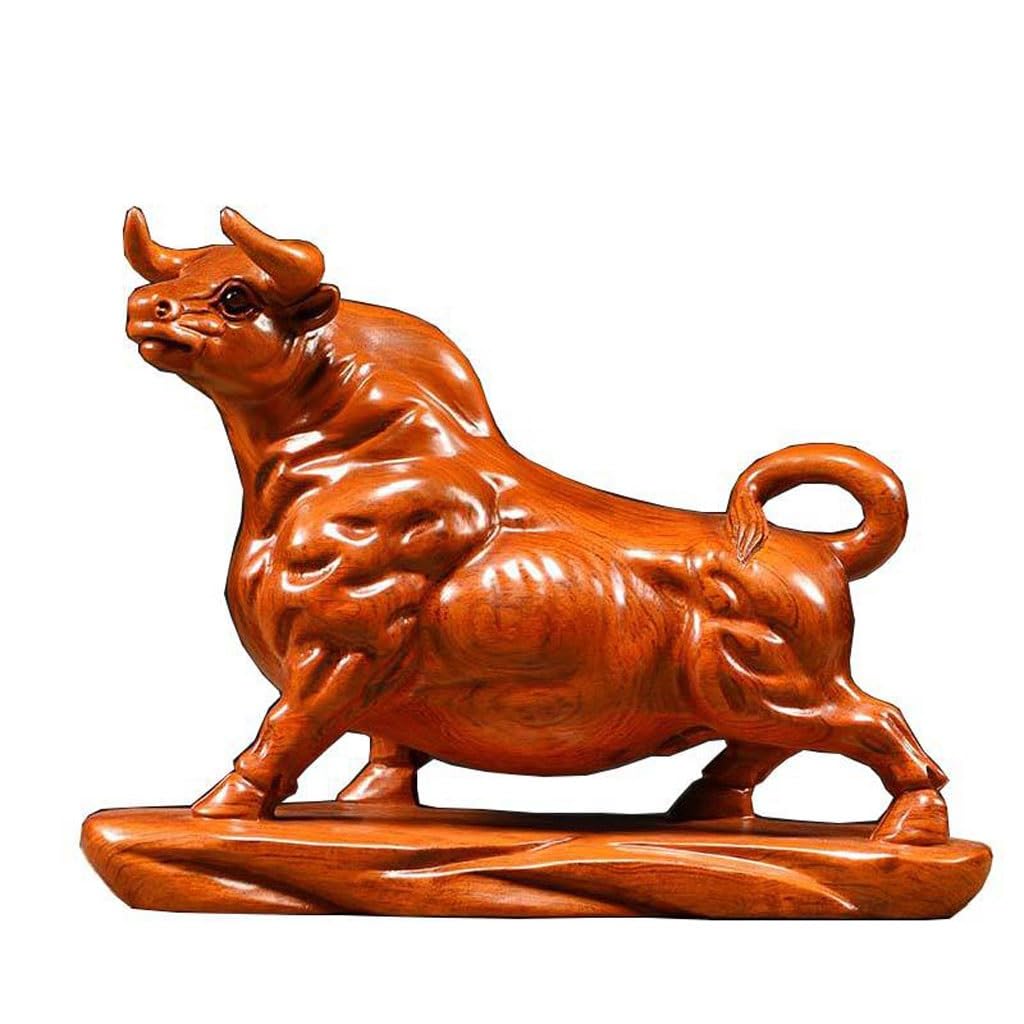 ATREDESES Office Decor Wooden Carved Bull Ornament Redwood Crafts Solid Wooden Fighting Bull Wooden Ornament Home Decor(9.84in)