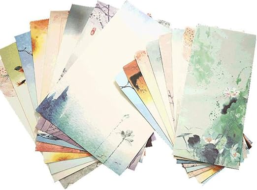 48 Pcs Writing Stationery Paper Set - 32 Colorful Sheets With 16 Envelopes, 8 Different Color Ink Painting Classic Vintage Antique Design