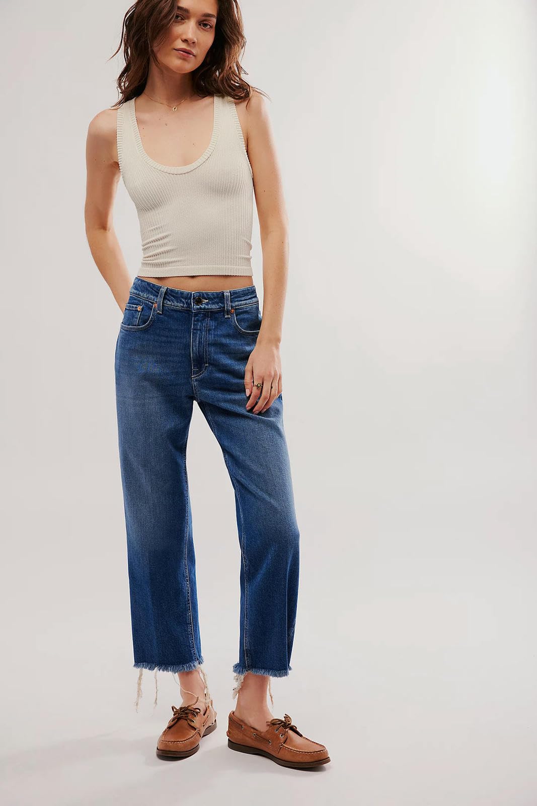 Jeans Donna Larghi da Gamba Dritta Orlo Sfilacciato Larga Jeans-Blu Scuro-l