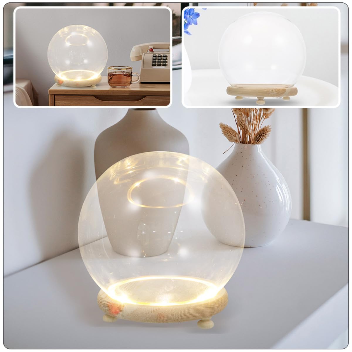 Cupola in Vetro Trasparente Base in Legno per Fiori Conservati e Micro Paesaggi Luminosi, Decorazione da Tavolo per Casa, Negozio e Caffetteria, Copertura Antispolvero per Piante