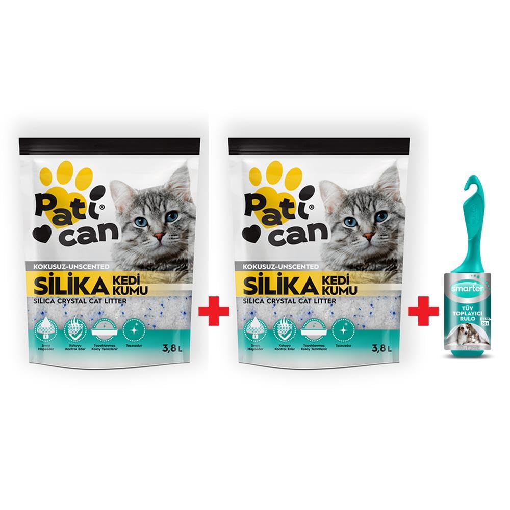PATİCAN 2 ADET SİLİKA KEDİ KUMU 3.8 LT + SMARTER TÜY TOPLAYICI RULO