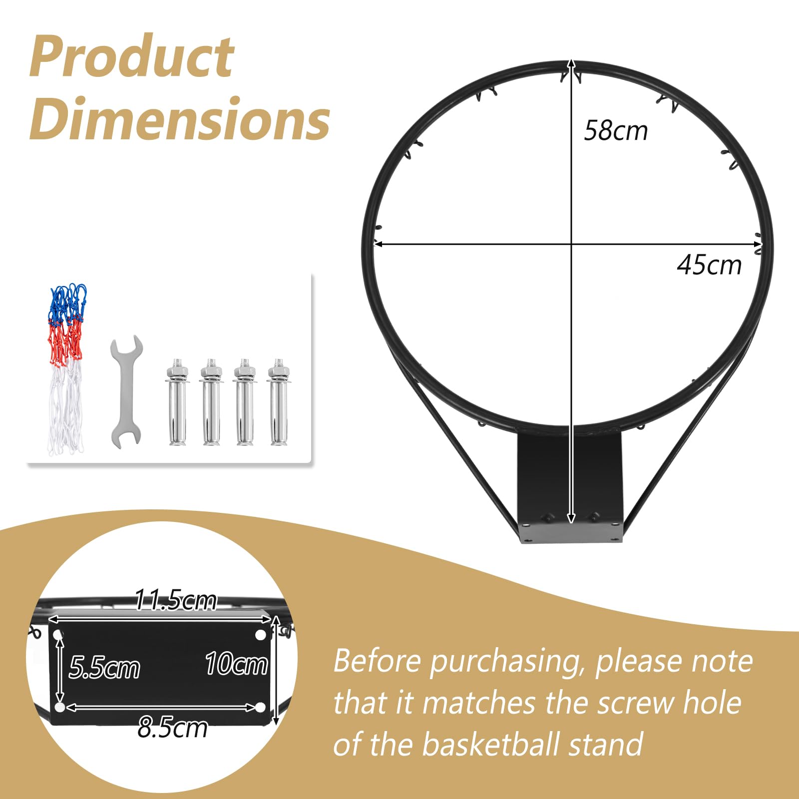 LIFEZEAL Cestino da basket da parete con rete Ø45/38,5 cm, cerchio da basket con telaio in metallo, cerchio da basket per interni ed esterni