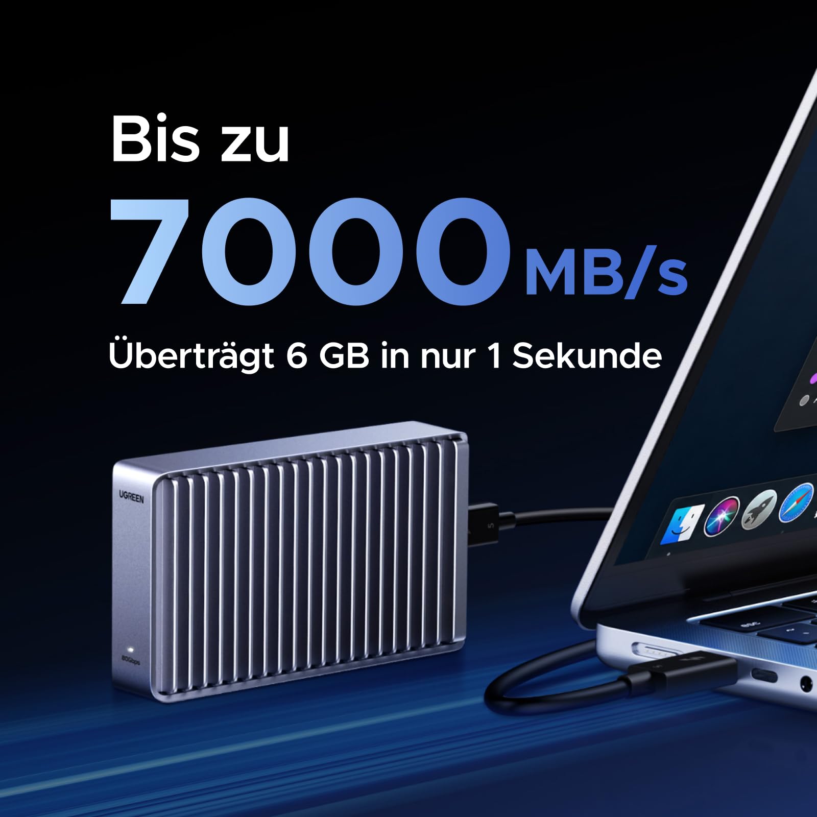 UGREEN 80Gbps M.2 NVMe SSD Gehäuse, NVMe Gehäuse kompatibel mit Thunderbolt 5/4/USB4 bis zu 7000MB/s, M2 SSD Gehäuse kompatibel mit MacBook, Mac mini, Mac Studio 50cm Kabel(SSD Nicht enthalten)