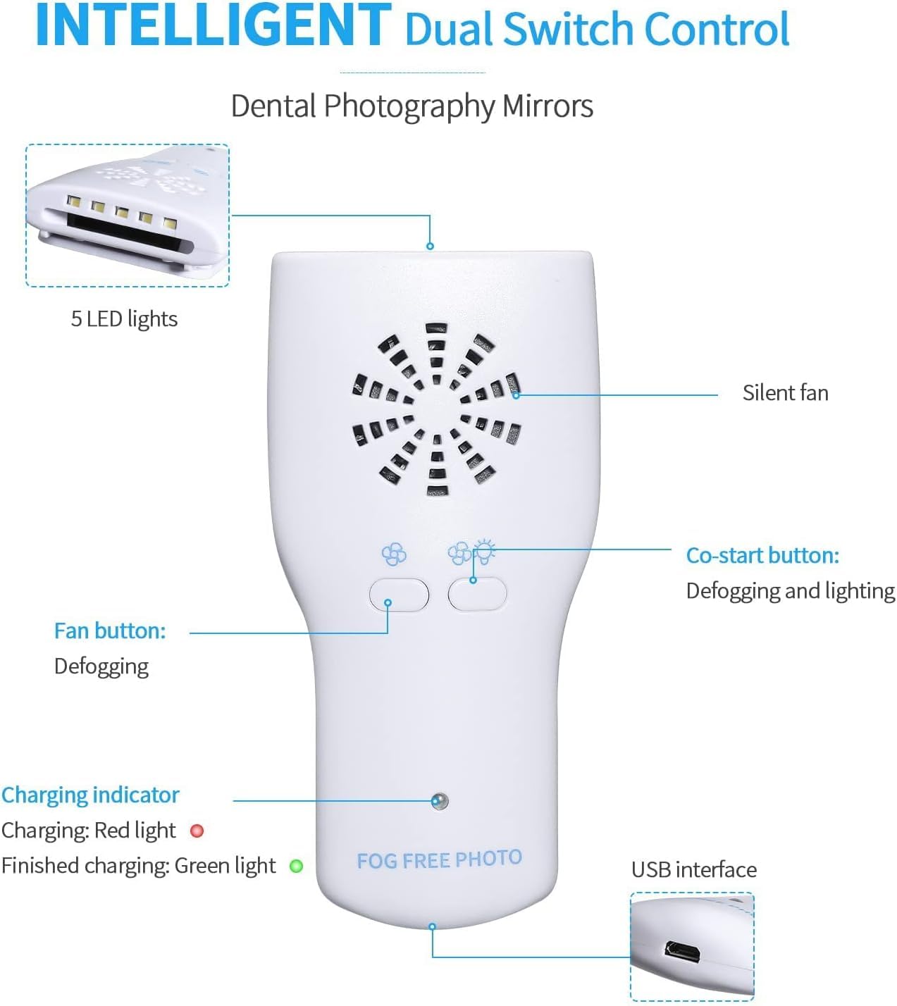 Beschlagfreie Dentalfotografie-Spiegel, Dental-Kieferorthopädie-Spiegelreflektor, Intraorale Zahninspektion, LED-Spiegel, kabelloses Ladegerät und Ventilator mit 4 austauschbaren Spiegeln