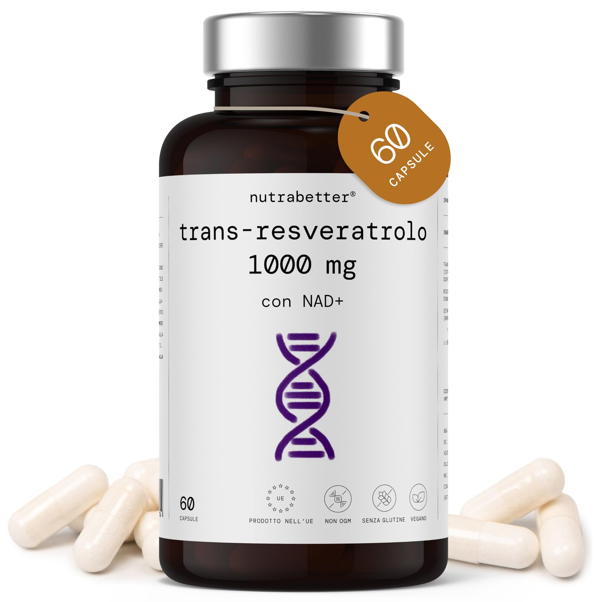 Trans Resveratrolo 1000 mg con NAD+ 50 mg | NAD Resveratrolo | Anti-invecchiamento, Vitalità Cellulare, Benessere Cognitivo, Attivatore delle Sirtuine | 60 Capsule Vegane | nutrabetter®