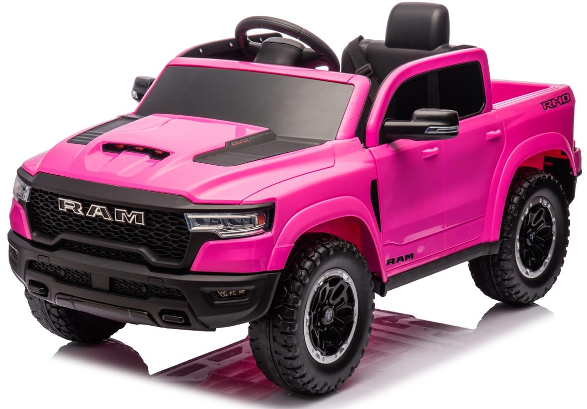 Playhouse Dodge RAM 1500, 2 Motoren - 90W, Bluetooth, Schlüssel, 4 Stoßdämpfer, Eva Räder, 12V 9ah, Fernbedienung, Kinderauto Kinderfahrzeug Kinder Elektroauto (Rosa)
