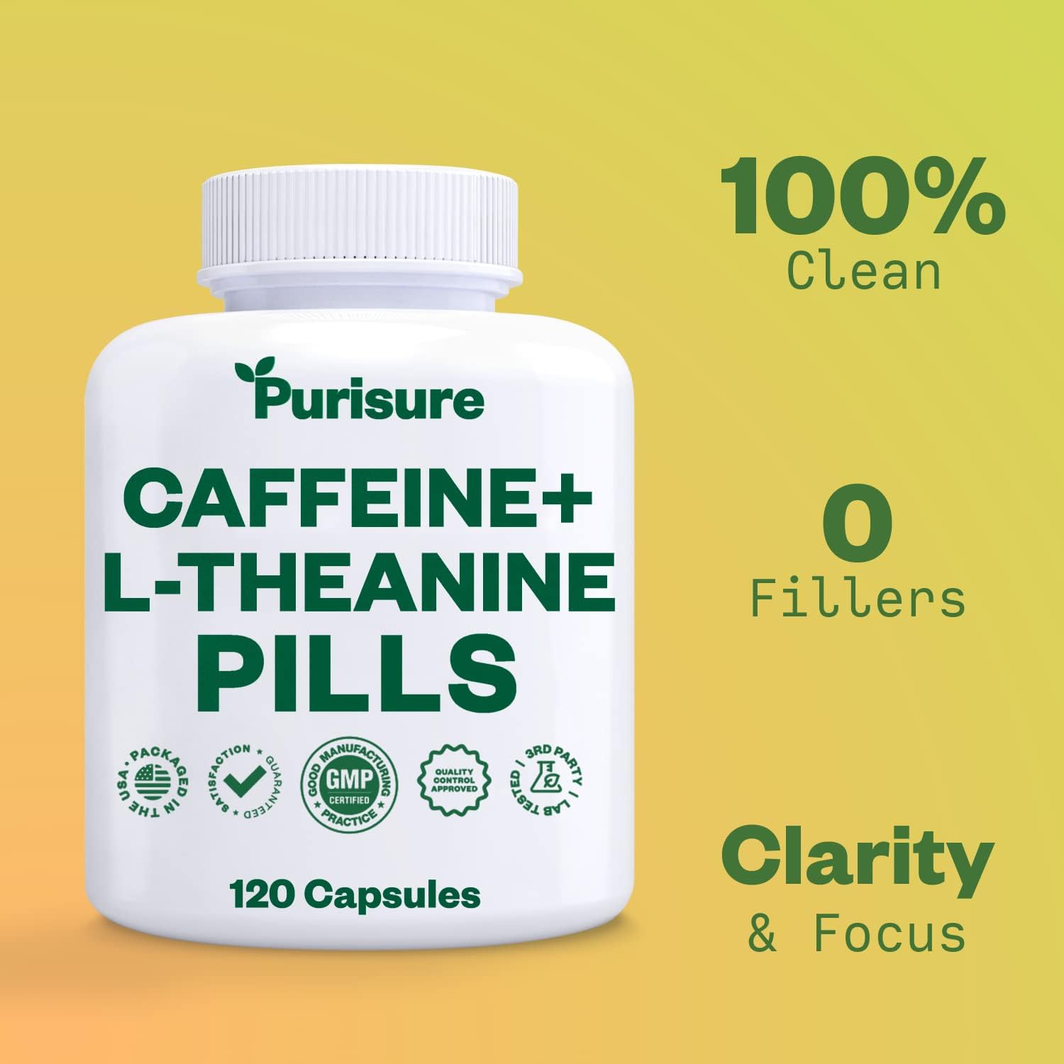Purisure Caffeine Theanine Capsules, Caffeine Pills 100mg L Theanine for Pre Workout, Energy, and Clarity, Energy Pills for Fatigue, Nootropic Supplement, 120 Day Supply - Image 2