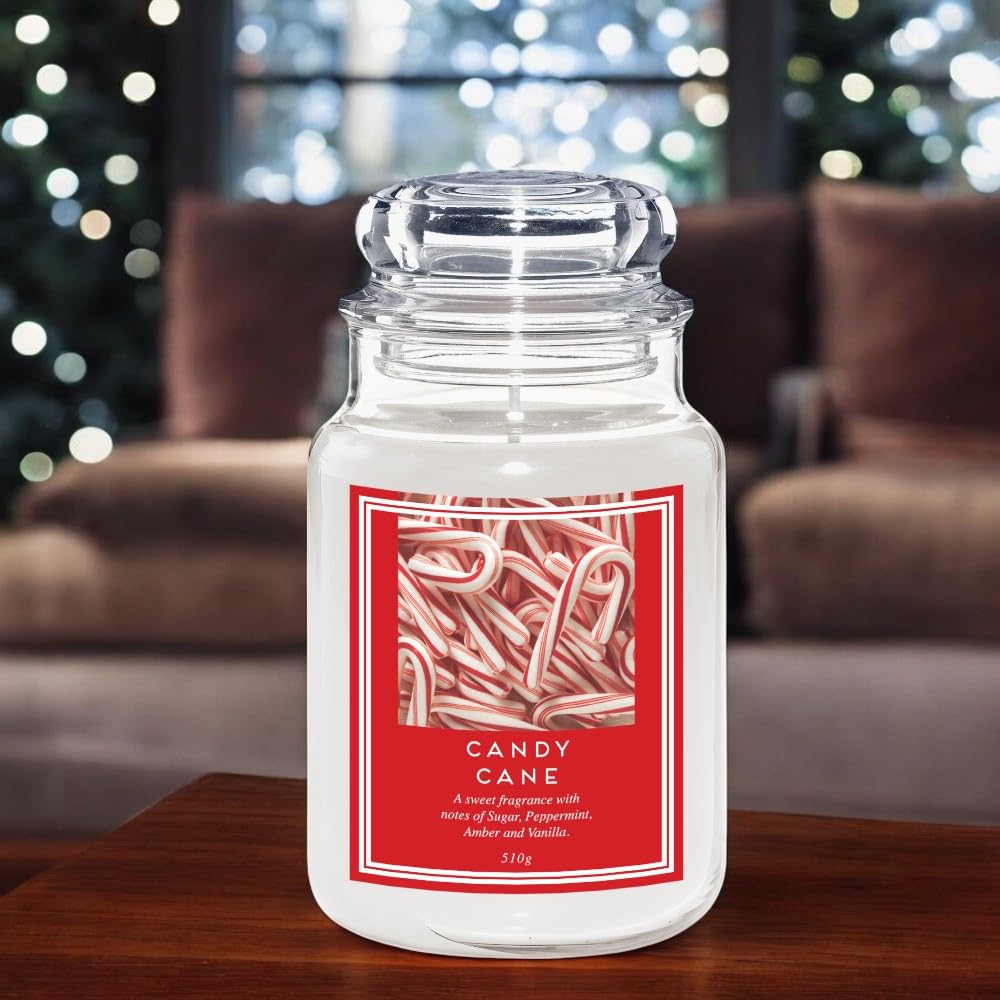 Large 18oz Scented Glass Jar Candle Natural Soy Wax Gift Fragrance (Free FabFinds 8pcs Wax Melt) Burn Time: 104 Hours (Candy Cane)