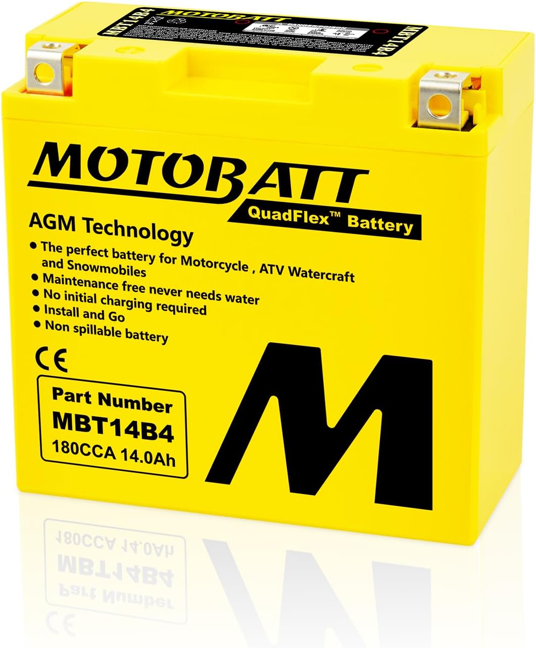 Motobatt MBT14B4 AGM Factory Activated Replaces 13 AH Yuasa YT14BBS, GT14B4, Yamaha FJR1300,MT01, Raider, Stratoliner, Hyosung