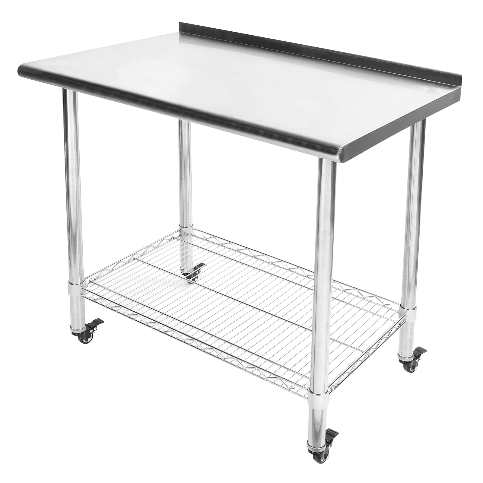 Wakects Mesa de Trabajo de Acero Inoxidable con 2 Niveles, con Frenos de Ruedas, Mesa de Cocina Gastronómica de Almacenamiento