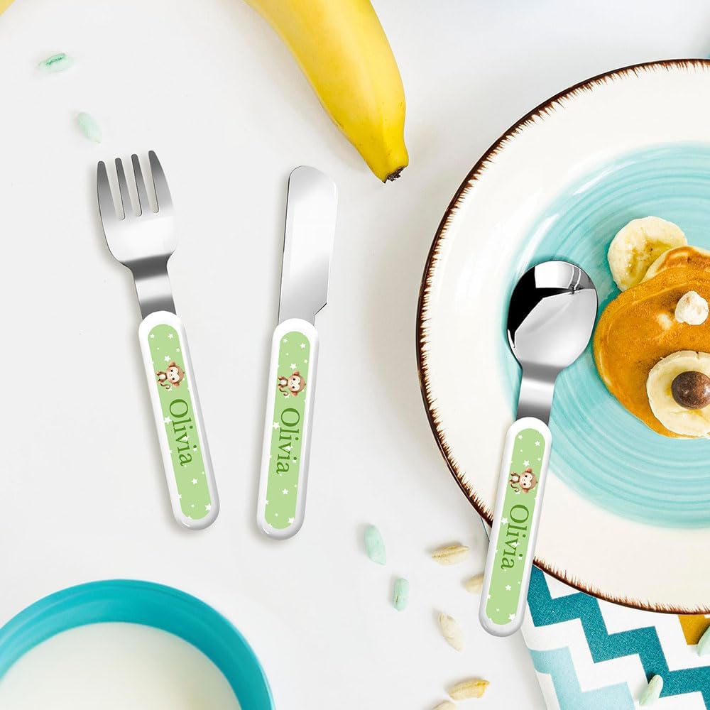 Personalized Stainless Steel Kids Utensils Set Custom Name on Kids Forks Knife and Spoons for 3 Pcs Kid Cutlery Set with Case (Initial+Animal)