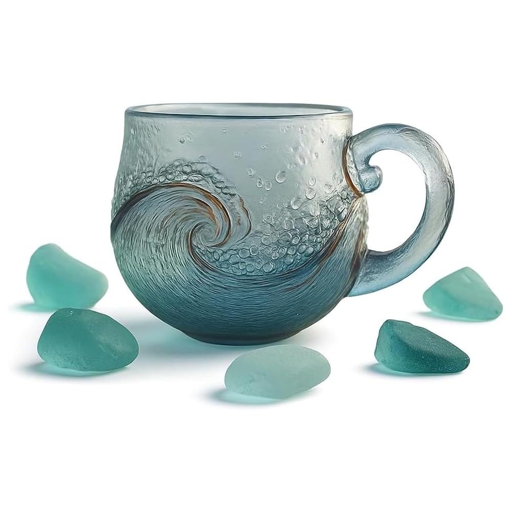 Taza de vidrio de mar hecha a mano, taza de vidrio soplado a mano de 12 onzas con textura de playa, té, café, vino, vasos únicos 2