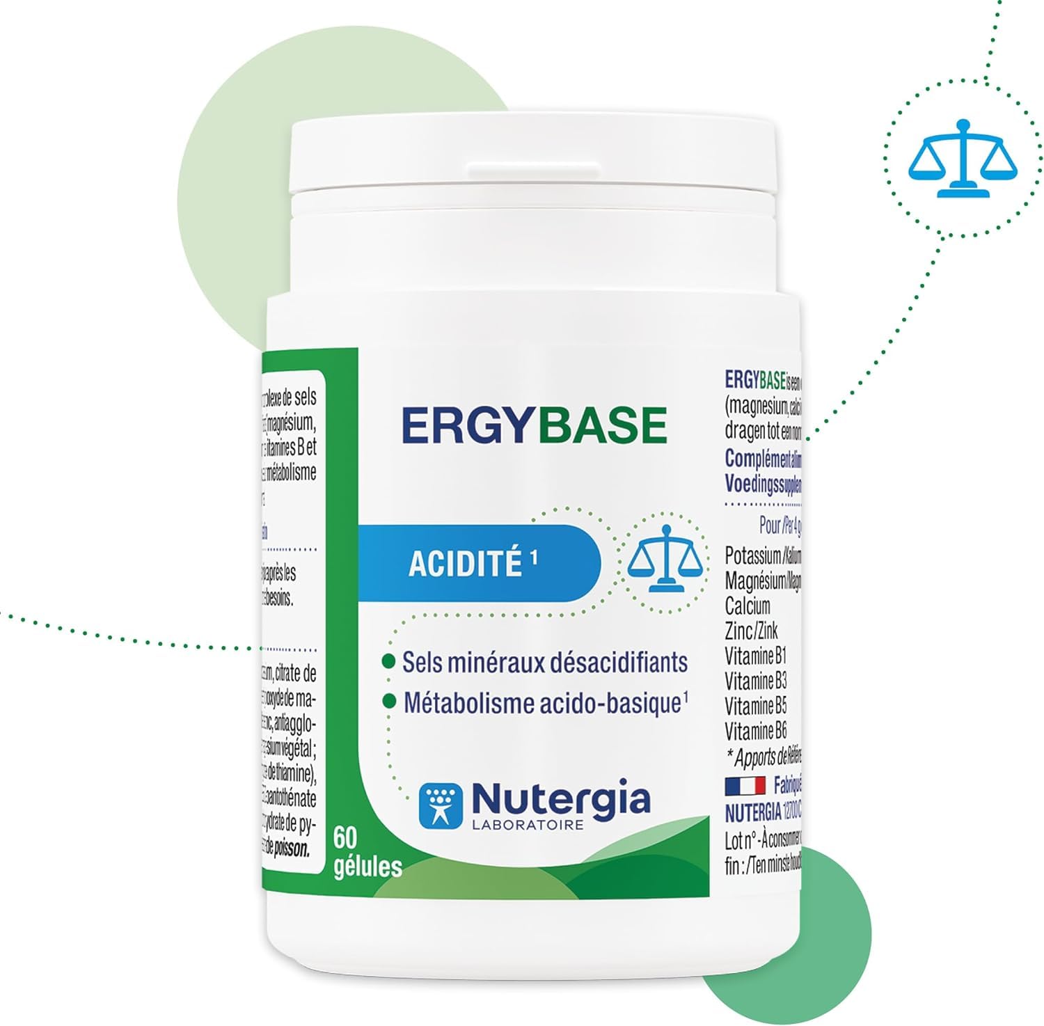 Nutergia ERGYBASE Acidité Complément Alimentaire Lot de 2 Boites 60 Gélules Maintien Équilibre Acido-Basique Enzymes Digestives