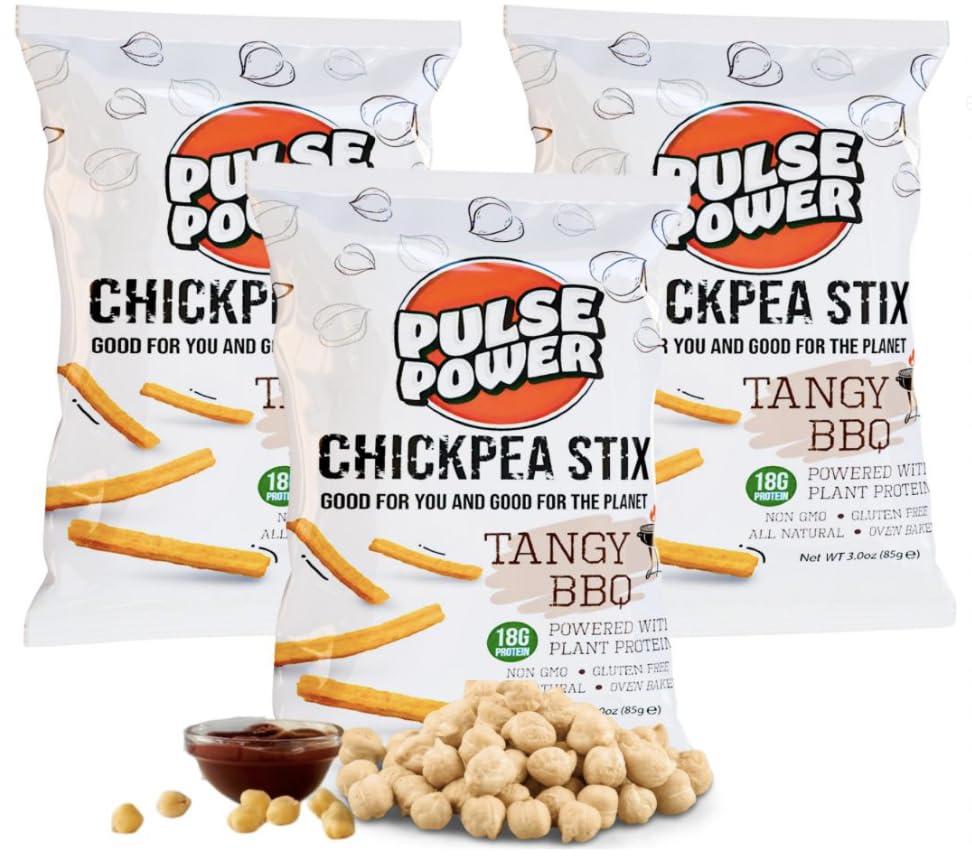 Pulse Power Chickpea Stix - Crunchy Snacks, High Protein, Gluten Free, Non-GMO, Vegan (3 pack, 3 oz) (Tangy BBQ)
