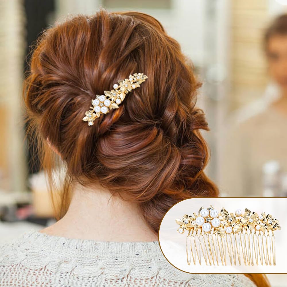 Dizila 8 Pieces Gold Metal Vintage Pearl Rhinestone Butterfly Flower Leaf Sun Moon Prom Bridal Wedding Hair Side Combs French Twist Hair Pins Grips Headpieces for Women Girls - Image 4