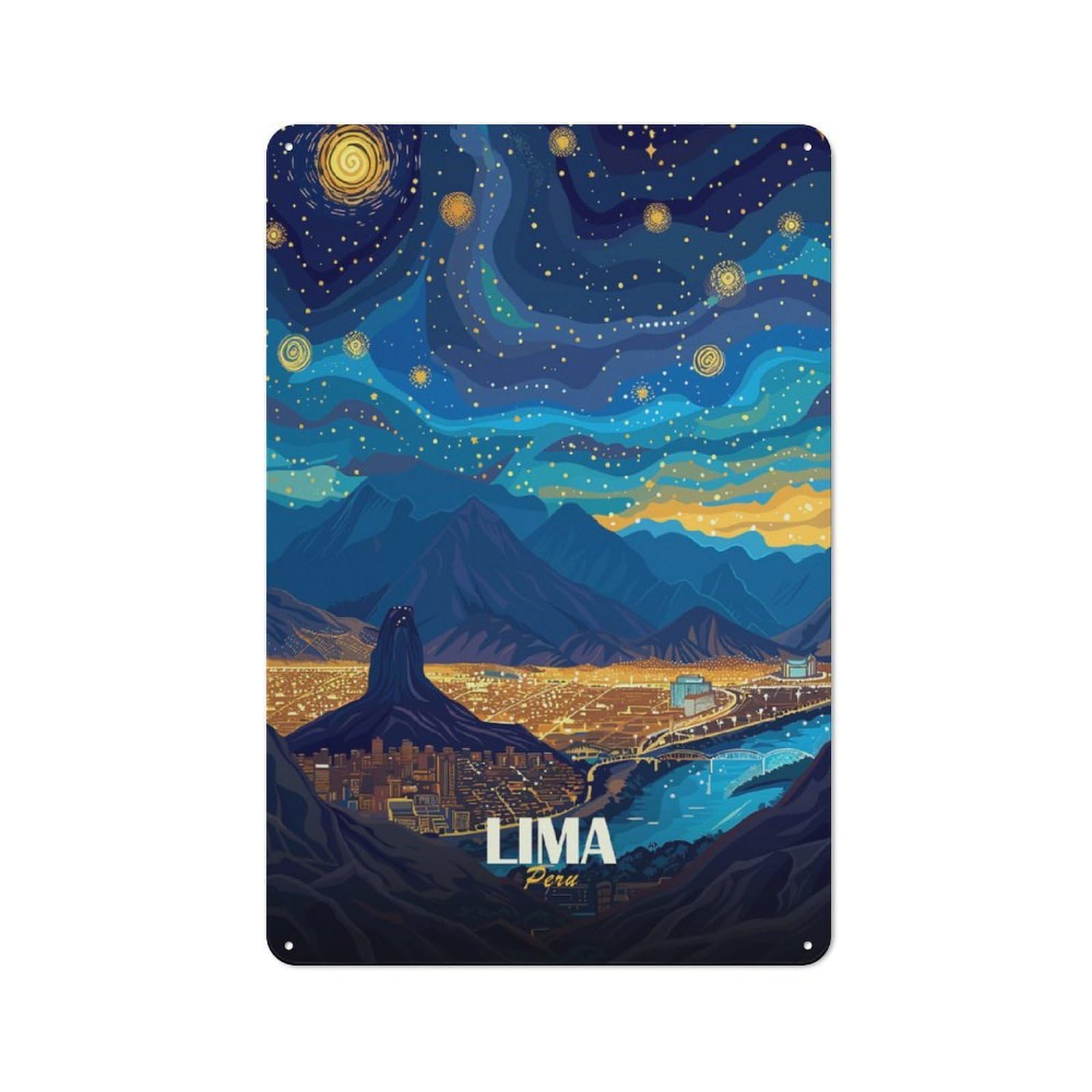 For Living Room Or Hallway, Lima, Peru Cityscape at Night Retro Metal Plaque 30x20cm, for A Newly Furnished Living Room And Hallway