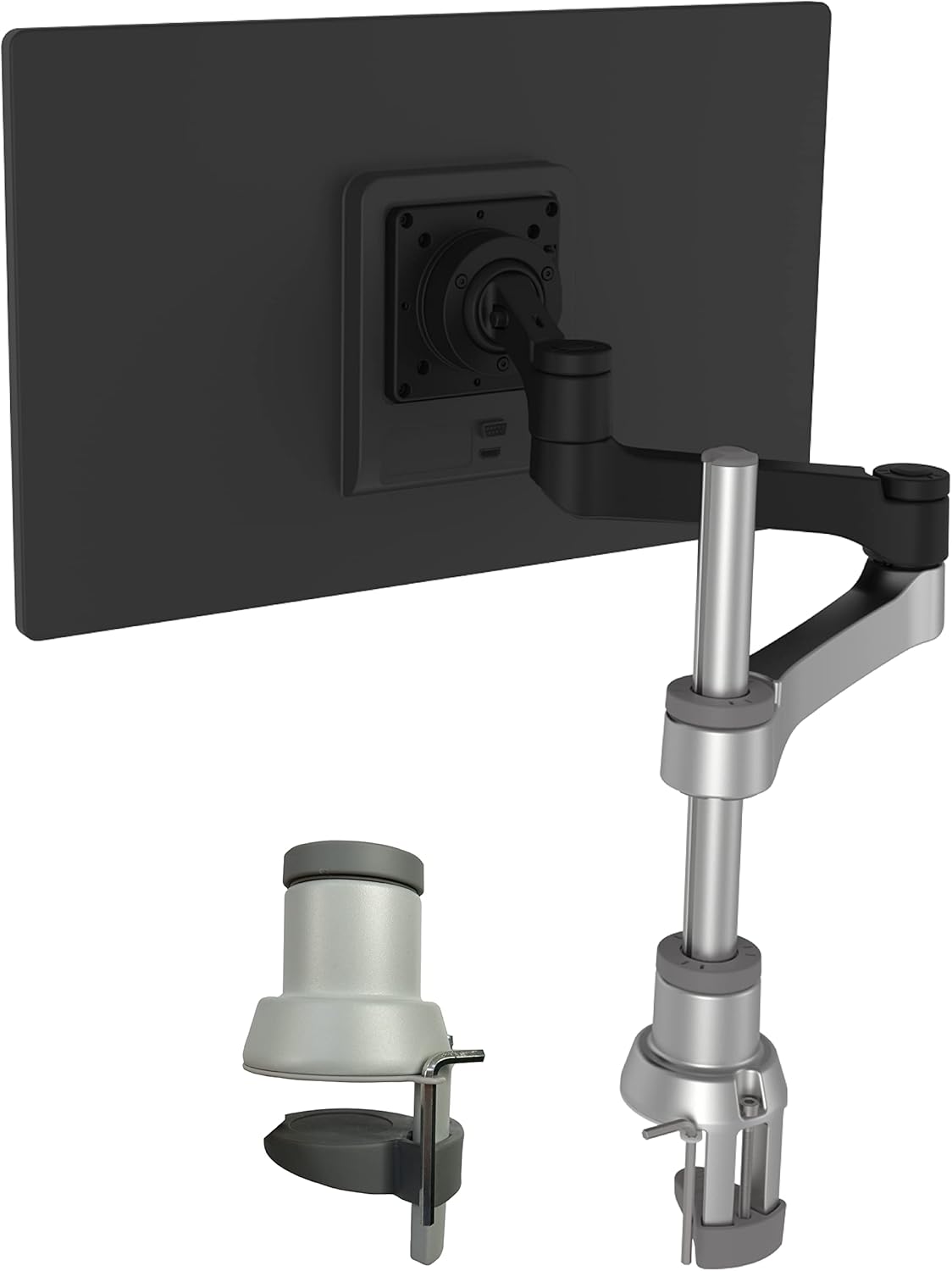 R-Go Zepher Monitor Arm, Single Monitor Desk Mount with Clamp, Adjustable Height & Rotation, Customizable Options for Optimal Ergonomics, up to 32’’Inch Monitors, Weigh max 8KG, Matte silver/black