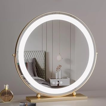 Makeup Mirror With Light,Round 360 Rotation Makeup Mirror Touch Screen Cosmetic Mirror With Dimmable, Illuminated Tabletop Vanity Mirror, Dressing Table Makeup Mirror Black  Color Gold , Size