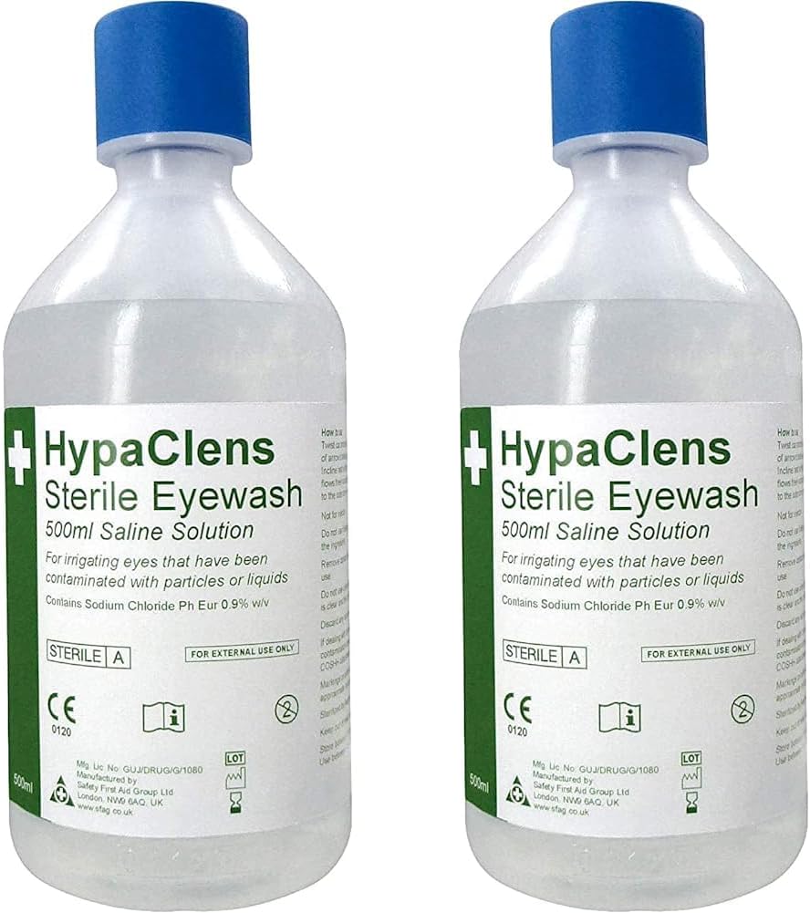 HypaClens Emergency Sterile Saline Solution Eye Wash Bottle (500 ml) - 0.9% Sodium Chloride Solution (Pack of 2)