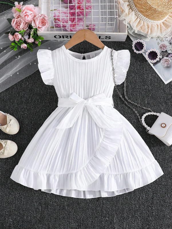 Image of Niren Enterprise Girls' Frill Pleated Design, Ruffle Sleeves, Bow Waist, Elegant Summer & Birthday Party Dress