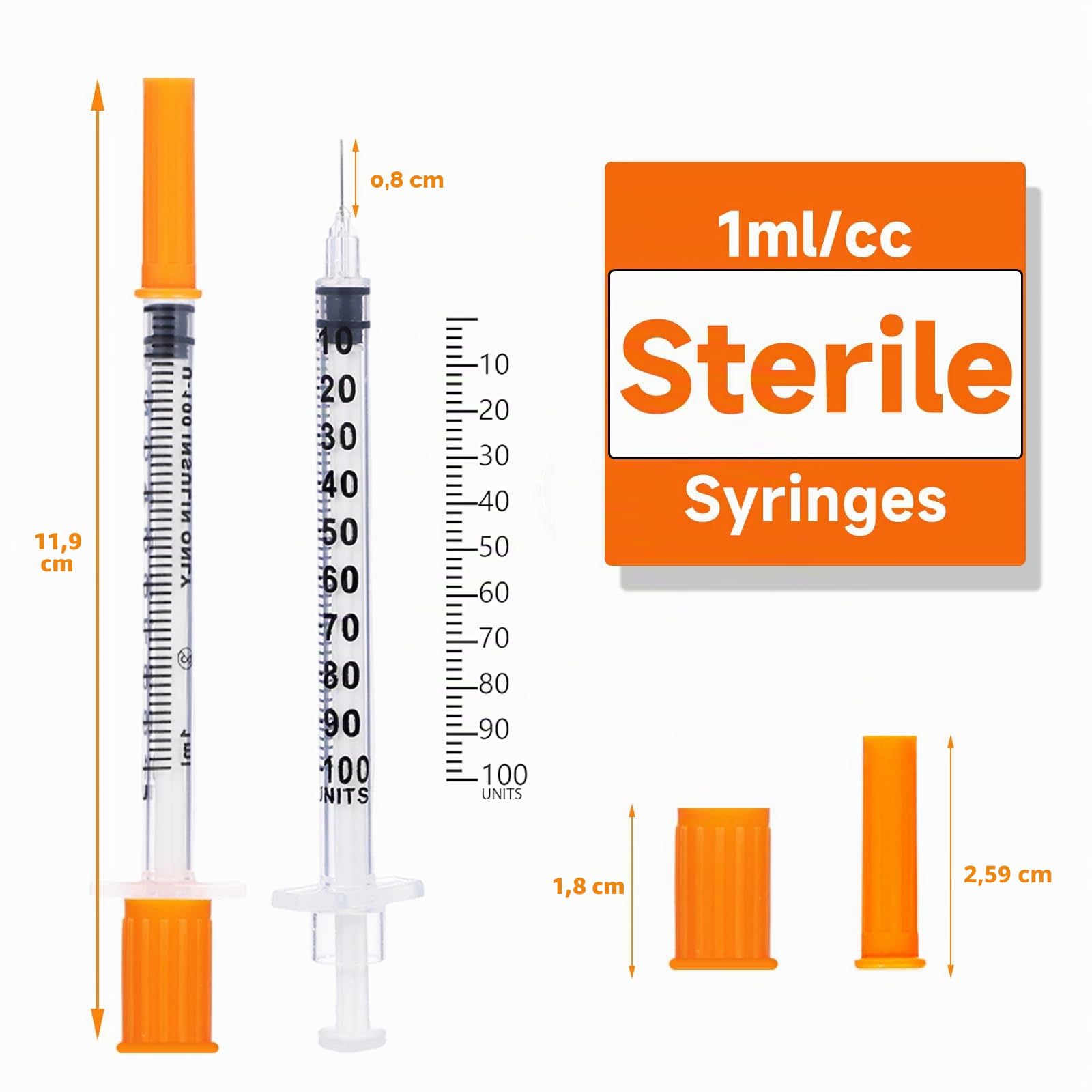 Seringue à insuline avec aiguilles, U-100 1ml/cc, 30G 5/16" (8 mm) Boîte de 50 seringues de fournitures de laboratoire emballées individuellement