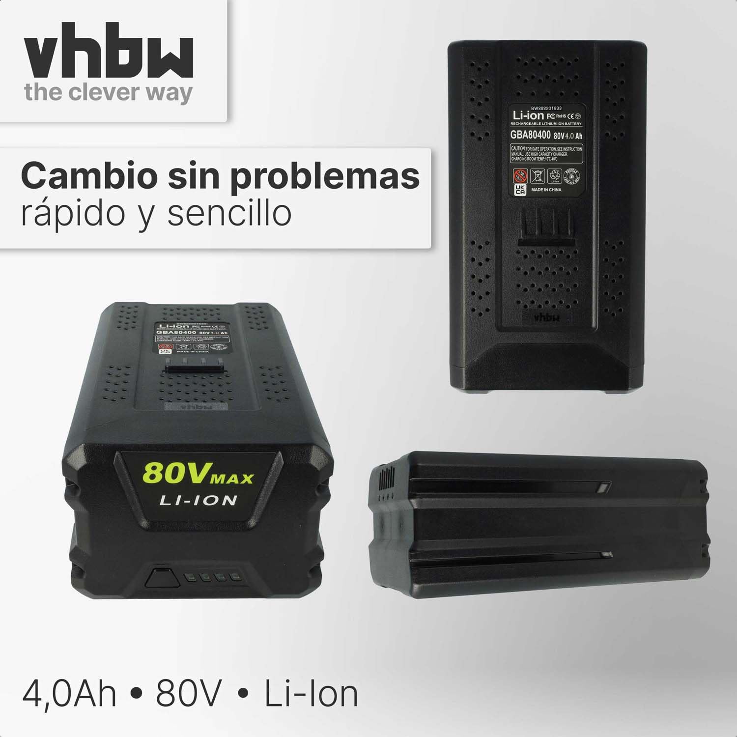 vhbw 1x Batería reemplaza Greenworks 80V MAX, GBA80200, G80B4, G80B2 para Herramientas de jardín 4000mAh 80V Li-Ion