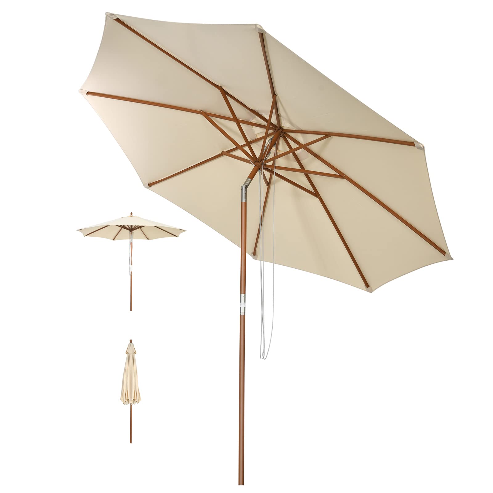 GOPLUS Parasol de Jardin Exterieur 3M, Parasol Inclinable à Corde en Bois avec 8 Baleines en Bambou, Levage par Poulie, Protection Solaire, pour Piscine, Cour, Base Non Incluse