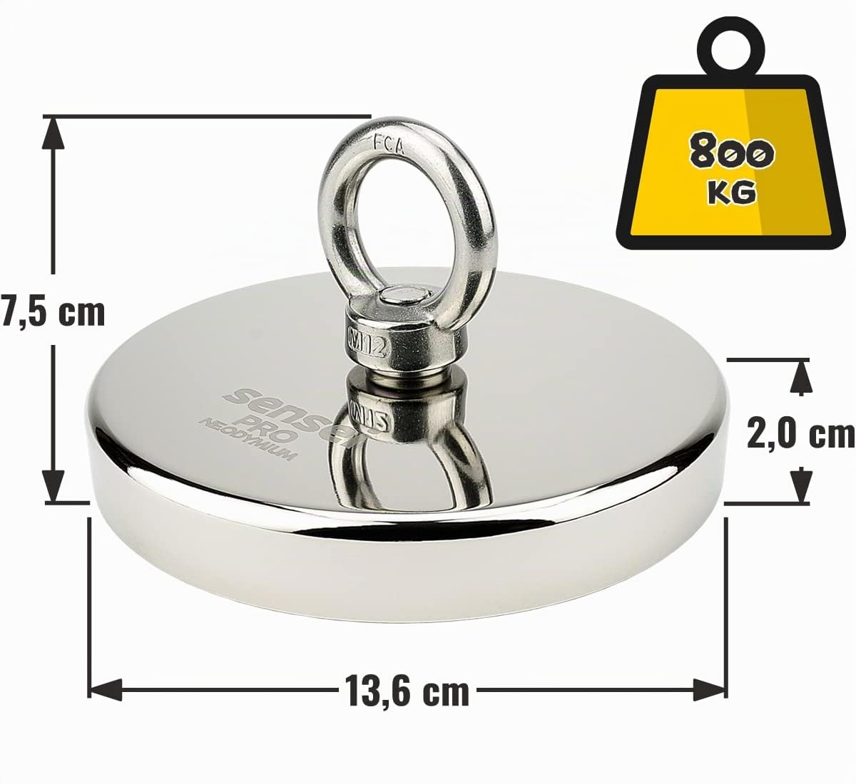 SENSEI® Aimant en Néodyme Puissant avec Anneau Écrou – Ø 136 mm, Force d'Attraction 800 kg – Grand et Très Puissant Aimant pour Levage & Suspension, Pêche Magnétique et Usage Technique