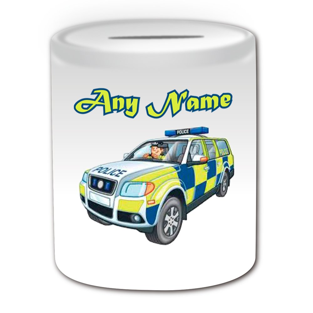 Personalised Gift - UK Police SUV Money Box (Transport Design Theme, White) - Any Name / Message on Your Unique - Saving Piggy Bank - Car Driver Automobile Hatchback Cruiser Cop Britain British Emergency Force 999 Policeman Service Sport Utility Vehicle