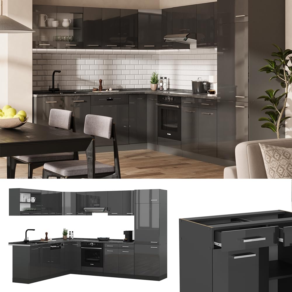 Vicco Cuisine en Angle R-Line 287x60cm Anthracite Brillant PT Anthracite