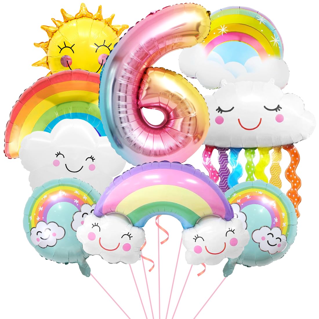 Regenbogen Geburtstagsdeko 6, Folienballon Wolken, Zahl 6 Ballon, Luftballons Wolken Quasten, Helium Ballon Sonne, für Jungen Mädchen Geburtstag Party Dekoration