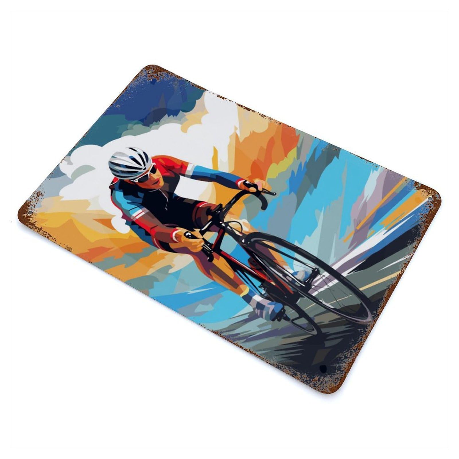 Distressed Metal Wall Sign with Cyclist Cycling Design 11.8"x7.9", for Living Room, Hallway And Home Decor, Vintage Wall Decor