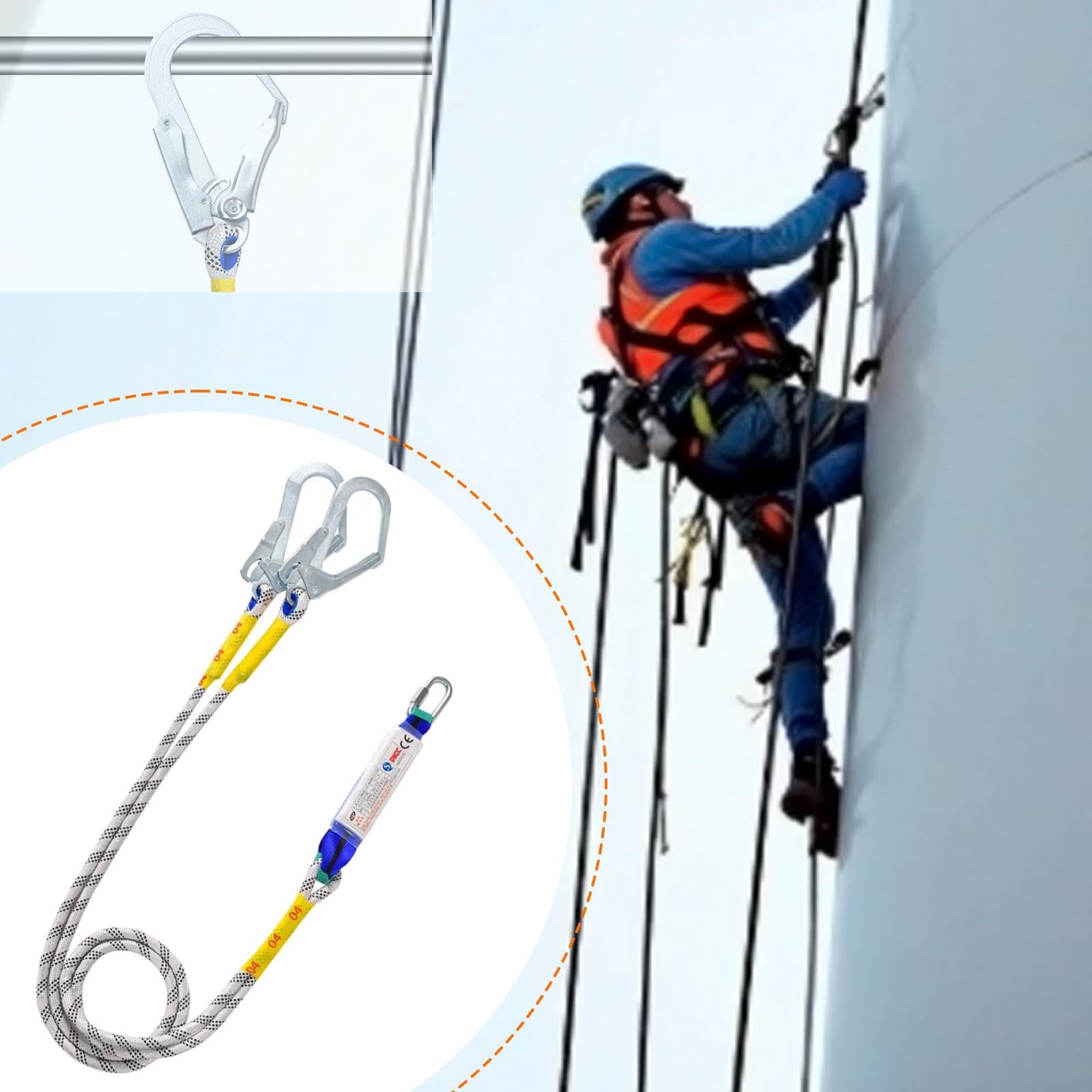 Harilla Cordón de Seguridad con Cuerda para Cinturón de Trabajo, Herramienta de Protección para Hombres Y Mujeres con Mosquetón para Arboristas, Espeleólogos, Paquete de Búfer de Doble Gancho
