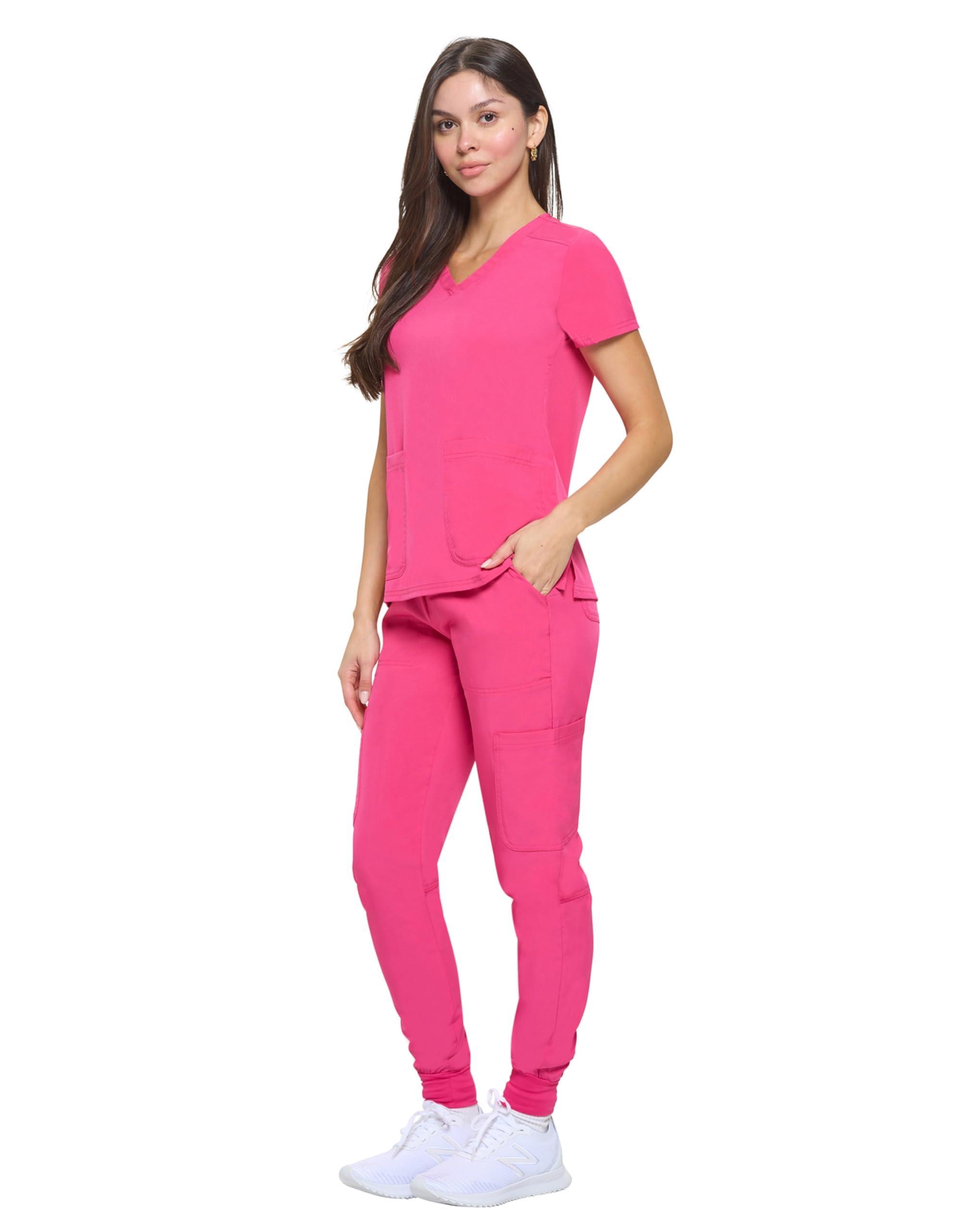 M&M SCRUBS Women's Essential Jogger Scrub Set Nursing Uniform Clearance Cool Stretch Scrub Top and Pant Workwear (Hot Pink, Medium)