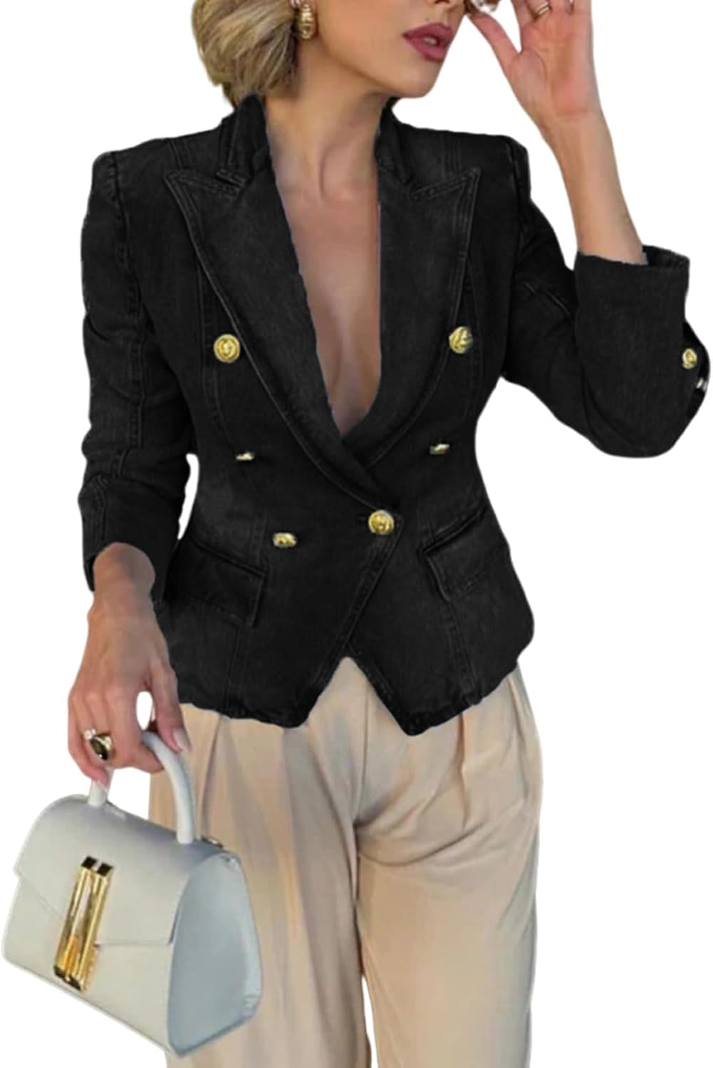 utcoco Women's Notched Lapel Double Breasted Denim Blazer Trendy Casual Slim Fit Long Sleeve Jean Jacket