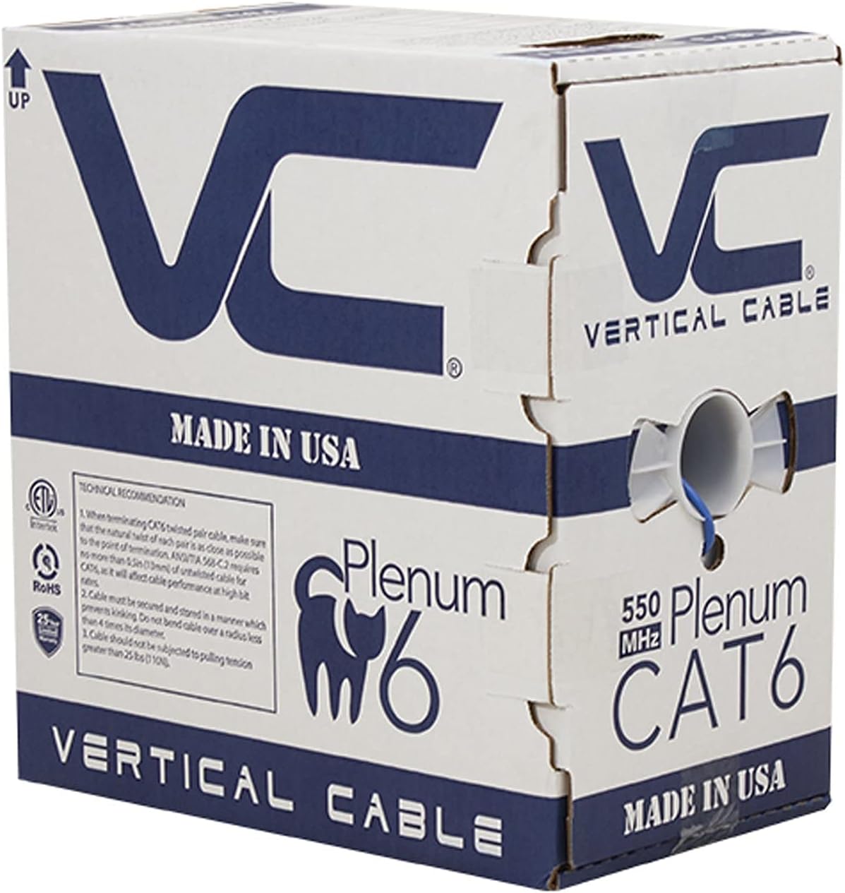 Vertical Cable CAT6, 550 MHz, UTP, 23AWG, 8C Solid Bare Copper, Plenum, 1000ft, Bulk Ethernet Cable - Made in USA, Blue