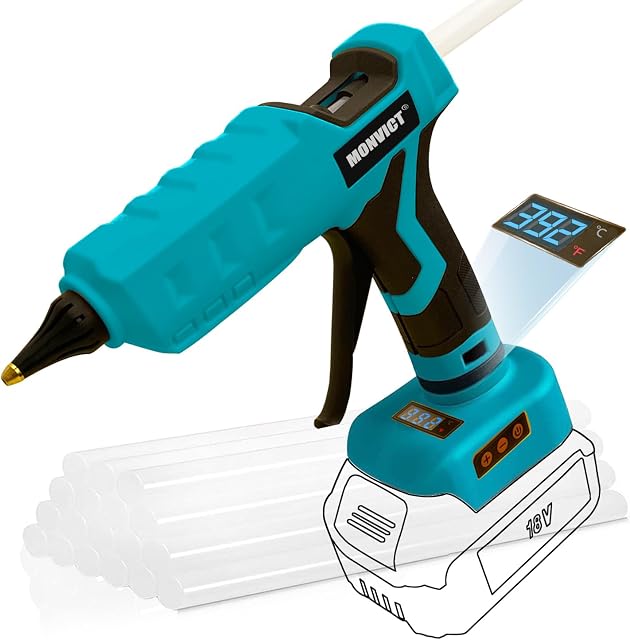 MONVICT Cordless Glue Gun for Makita 18V Battery, Upgraded 100W Digital Temperature Adjustable Handheld Electric Power Full Size Heavy Duty Hot Glue Gun with 10 Glue Sticks (Tools only)