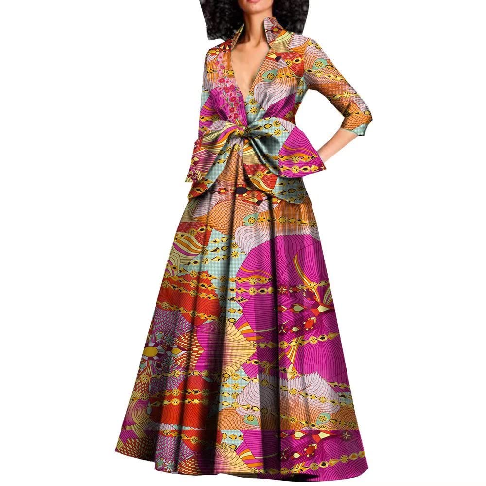 African Dresses for Women Long Deep V-Neck Traditional Ankara Kente Print Evening Beautiful Dress