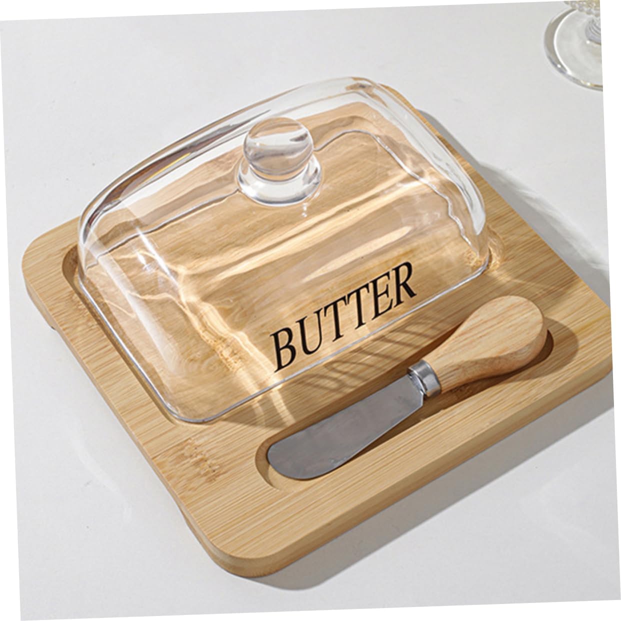 1Set Butter Dish with Dome Lid Elegant Butter Container for Easy Storage Includes Butter Slicer for Fridge and Countertop Modern Design Wood Color